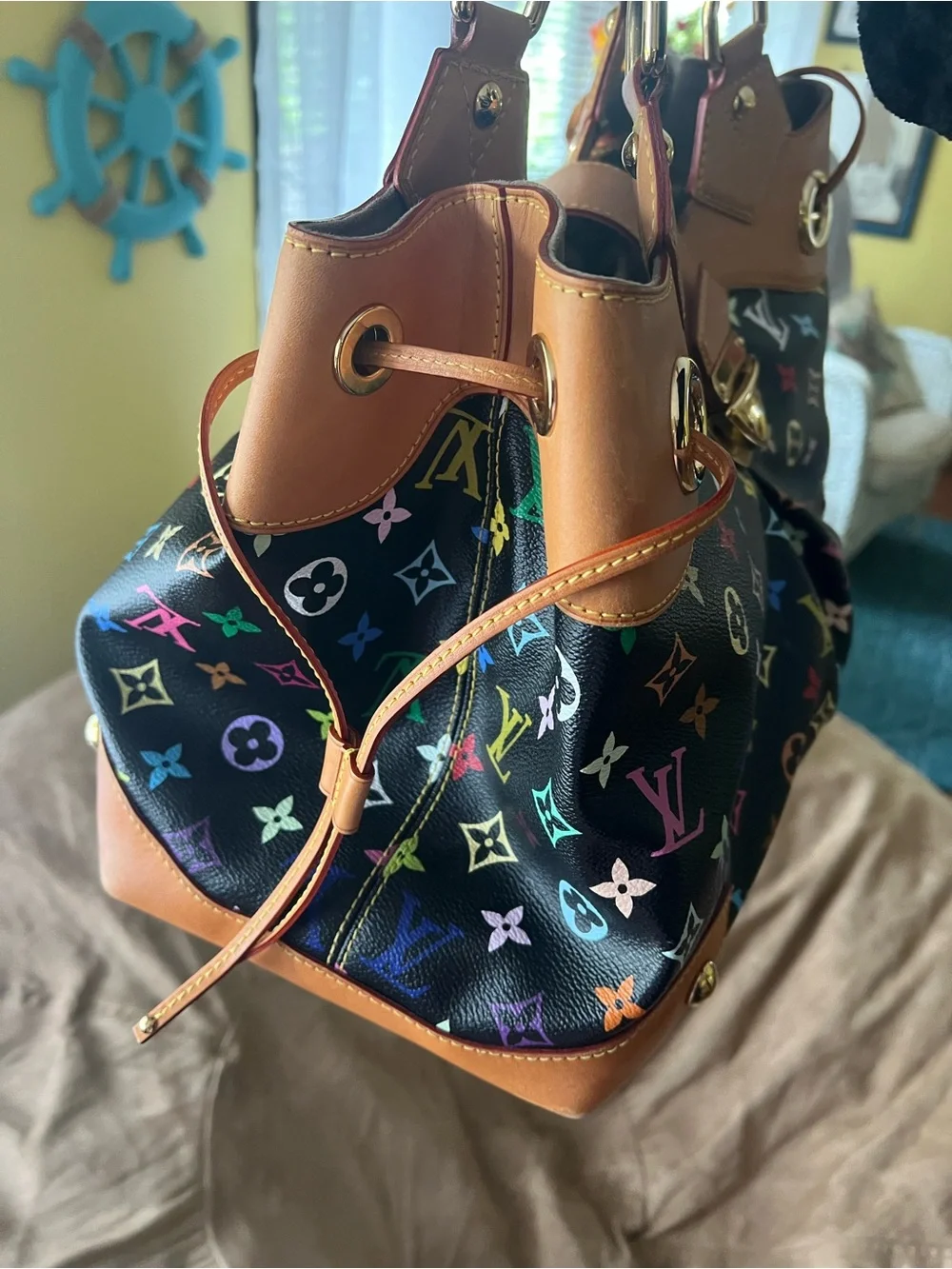 Louis Vuitton Ursela- Black Multicolor Monogram Shoulder Bag with Tan Trim - Picture 6 of 13